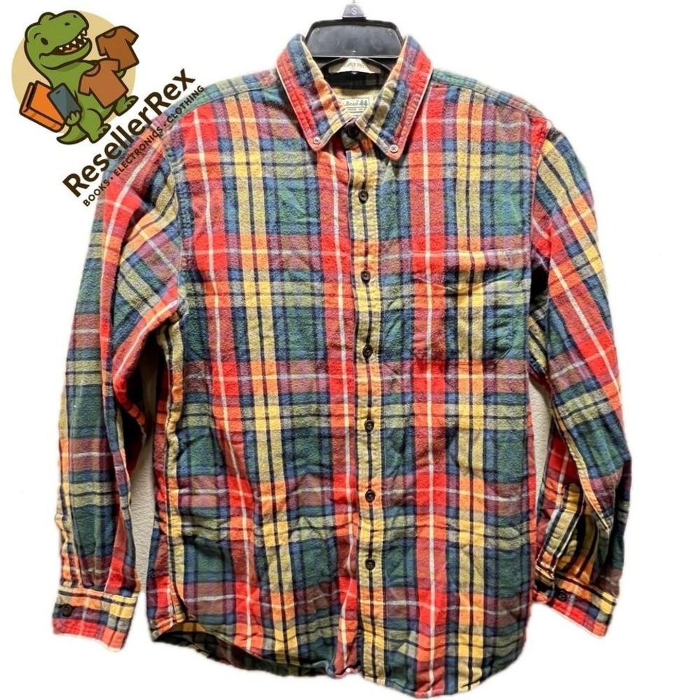 LL Bean Men's Plaid Flannel Shirt Medium REG Red Green Yellow Blue Cotton